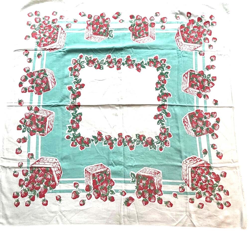 Vintage mid-century printed cotton tablecloth blue white pink strawberries FLAWS